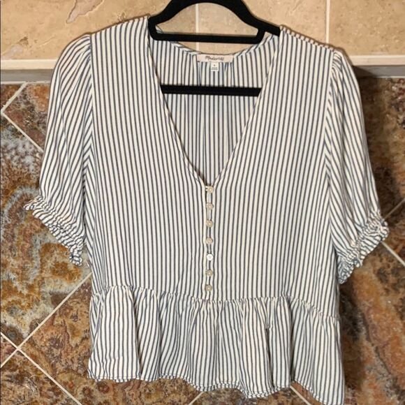 Madewell Women’s Courtyard Ruffle-Hem Top in Stripe Blue and Cream Size Medium - Picture 2 of 11
